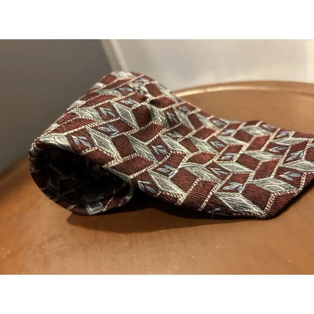 Geoffrey Beene Silk Tie Geometric‎ Pattern Burgundy Gray Blue Mens Formal